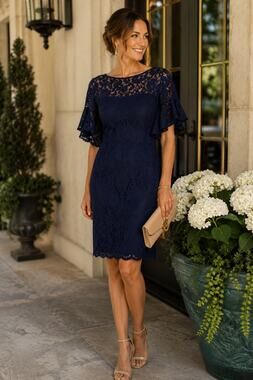 Lauren Ralph Lauren Navy Lace Cocktail Dress Women's Flutter Sleeve Sheath, sz 4
